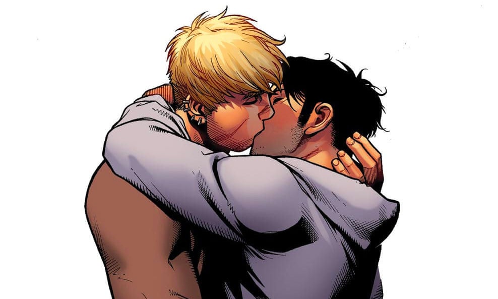 Hulkling and Wiccan kiss in Young Avengers.