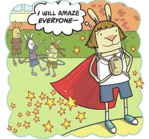 Image of cartoon rabbit wearing a cape and hearing aids on a playground. Thought bubble reads, "I will amaze everyone--".