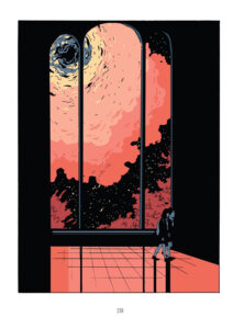 Image of two young people walking in front of a window opening onto a distant galaxy from Tillie Walden's On A Sunbeam.