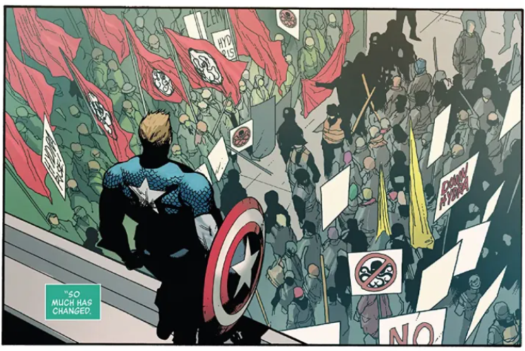 Captain America looks down on a clash between pro- and anti-HYDRA protestors.
"So much has changed."